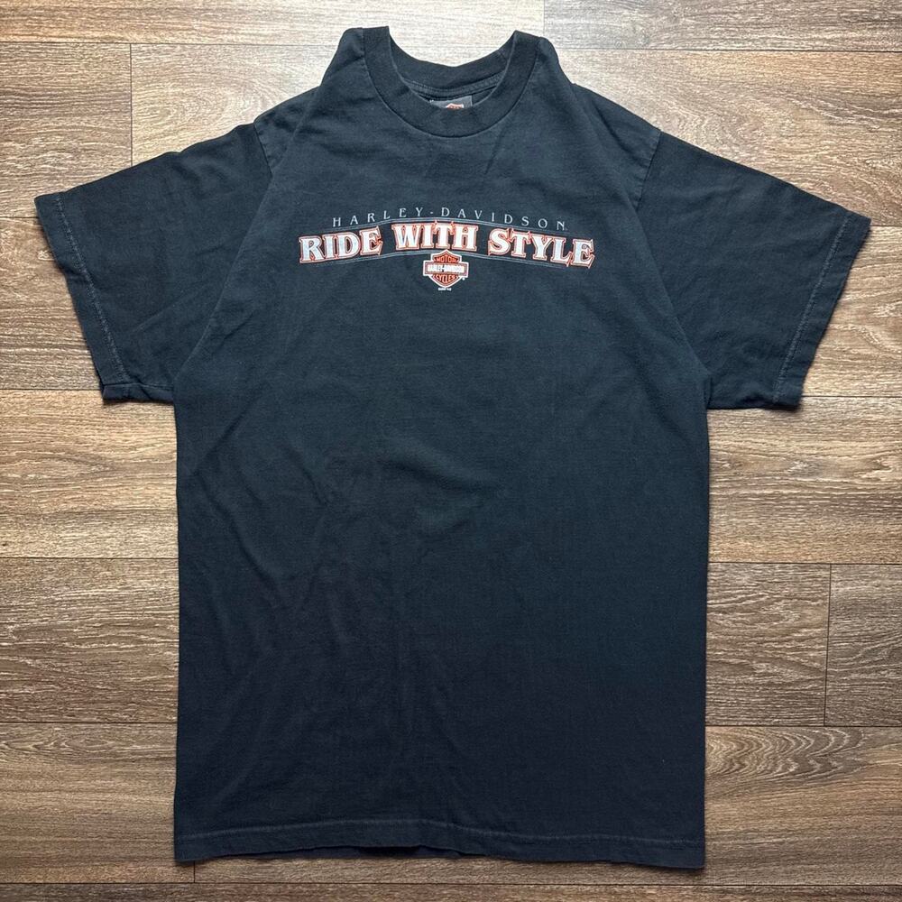 Vintage Y2K Harley Davidson Black Tee with 'RIDE WITH STYLE' Graphic & Logo